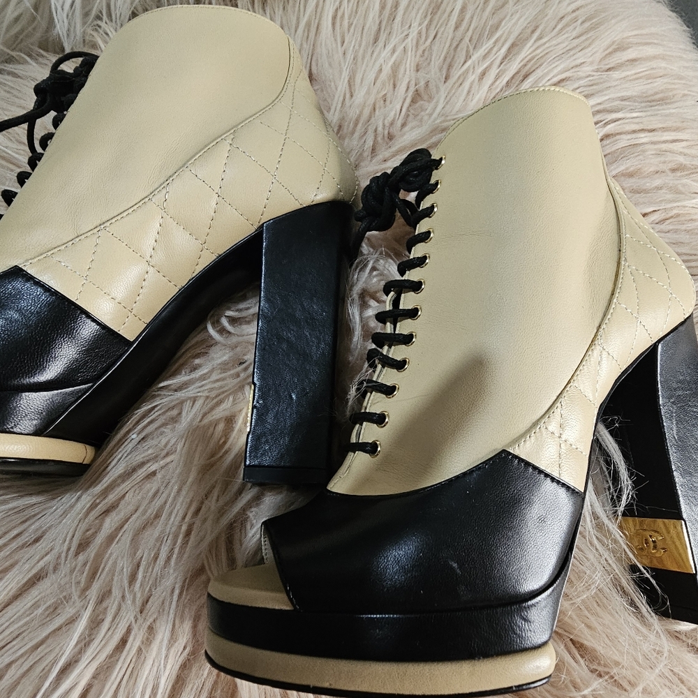 CHANEL Two-Tone Lace-Up Peep Toe Ankle Booties